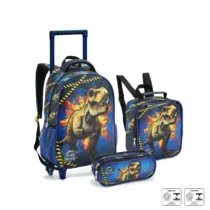 Kit Mochila Com Lancheira E Estojo Dinossauro (Azul) - Seanite