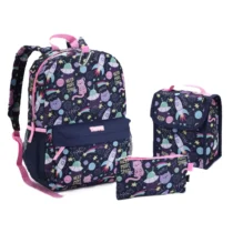 Kit Mochila Cats Preta C/ Lancheira, Estojo E Mosquetão Un. - Seanite