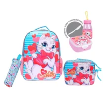 Kit Mochila Cat Sweet Azul C/ Lancheira, Estojo, Garrafinha E Potinho Un. - Seanite