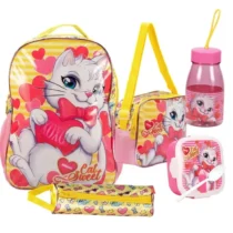 Kit Mochila Cat Sweet Amarelo C/ Lancheira, Estojo, Garrafinha E Potinho Un. - Seanite